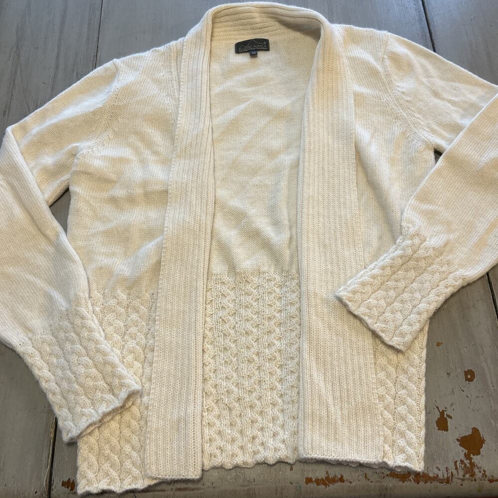 Classic Alpaca Cream Open Front Cardigan Sweater Cable Knit Women’s Sz M